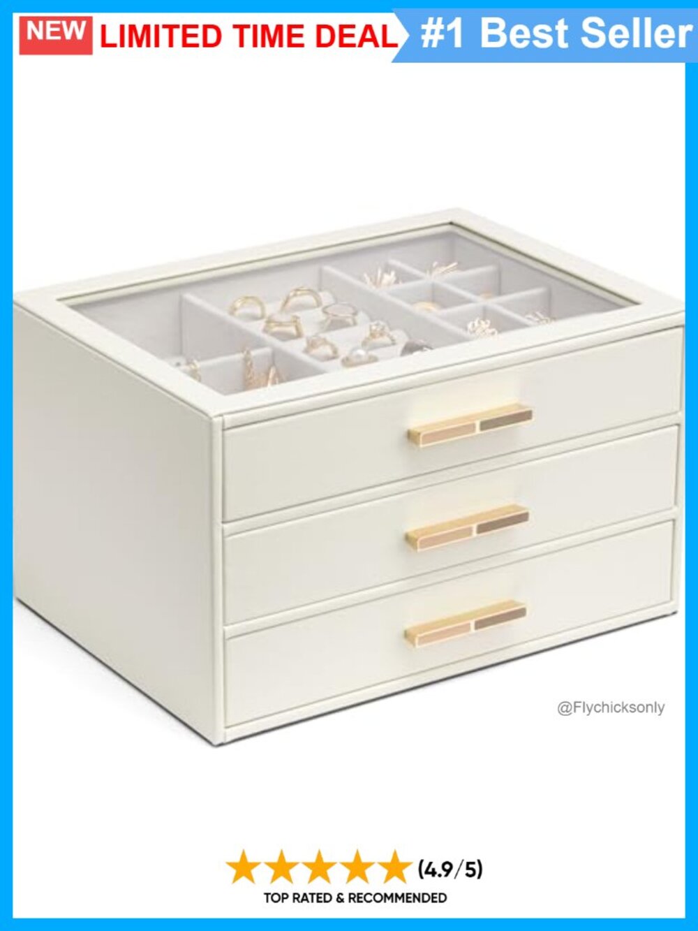 PU Leather 3-Layer Jewelry Box Glass Lid Organizer